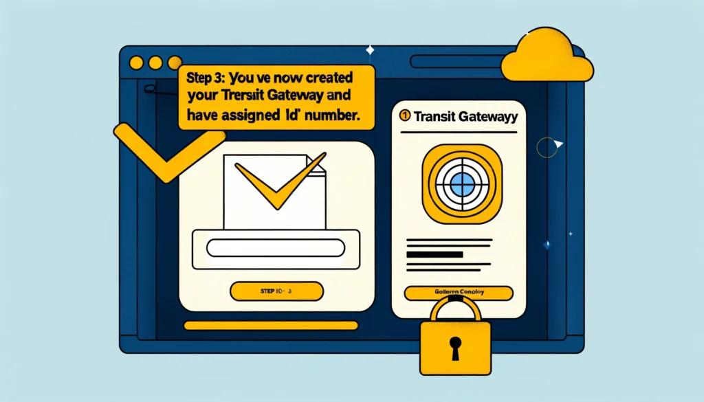 Confirmation screen in AWS management console indicating successful creation of a Transit Gateway, complete with a visual checklist and an assigned ID number.