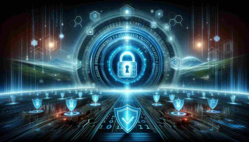 Digital illustration of the future of data security, featuring a central glowing quantum lock symbol surrounded by streams of encrypted binary code and protective shields, against a backdrop of interconnected digital networks and landscapes, all under the title 'The Future of Data Security: Quantum Encryption