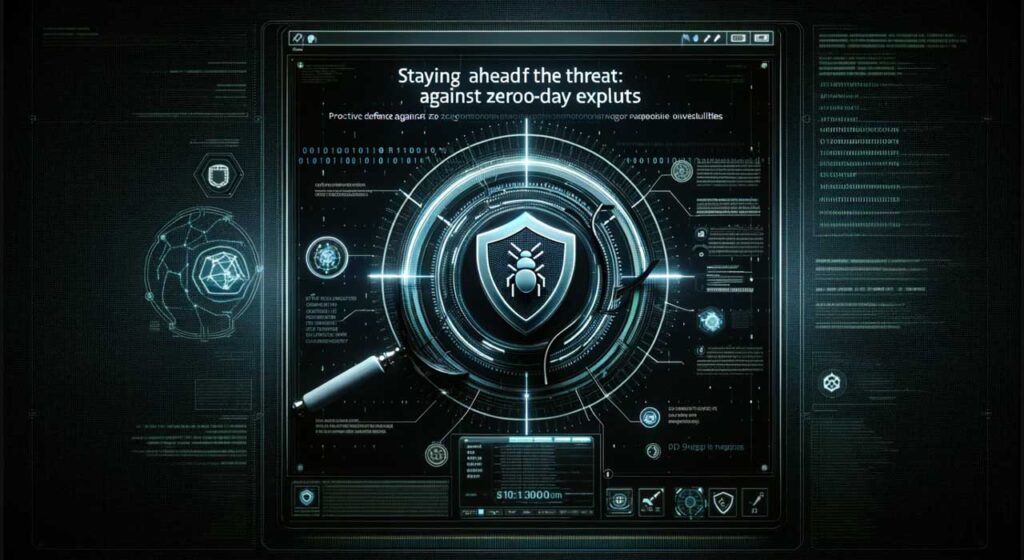Cybersecurity digital interface showcasing a shield emblem for protection and a magnifying glass on a bug, representing AI-driven defense against zero-day exploits.