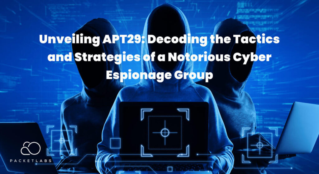 A graphic depicting three hooded figures with obscured faces, symbolizing hackers, against a digital background with the title "Unveiling APT29: Decoding the Tactics and Strategies of a Notorious Cyber Espionage Group.