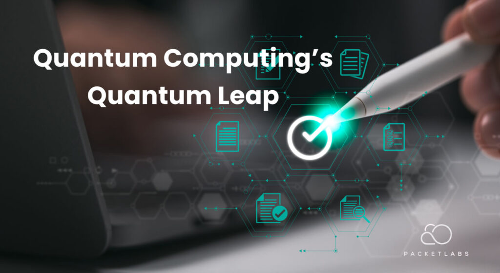A graphic image featuring a stylized quantum computing interface with hexagonal shapes and documents, emphasizing the breakthrough in cybersecurity.