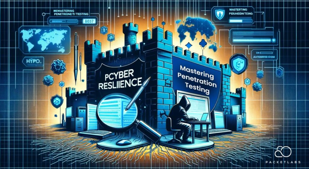 A graphic illustration depicting a person in a hoodie using a computer to perform penetration testing, with 'Cyber Resilience' emblazoned on a digital fortress and various cybersecurity icons, symbolizing the defense strategies discussed in the article on mastering penetration testing in Australia.