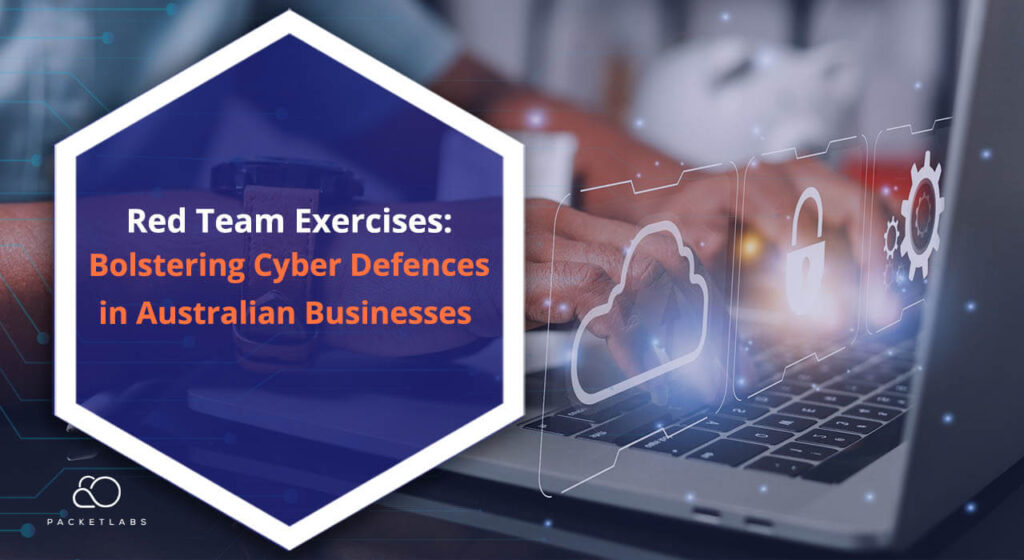 An image featuring a promotional graphic for a cybersecurity concept titled "Red Team Exercises: Bolstering Cyber Defences in Australian Businesses." The visual shows a person typing on a laptop that displays cyber security icons such as padlocks, gears, and shield symbols, symbolising digital protection mechanisms. The image conveys the idea of enhancing cybersecurity in the business sector through proactive Red Team exercises as discussed in the associated article. The text emphasizes the critical role of these exercises in uncovering and addressing security vulnerabilities, ensuring compliance with regulations, and raising organisational awareness in the context of Australian businesses.