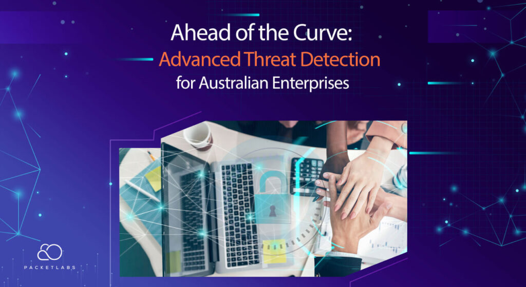 Graphic illustration for 'Ahead of the Curve: Advanced Threat Detection for Australian Enterprises', showcasing a team collaborating over computers with digital security icons, emphasizing the importance of cutting-edge cybersecurity measures in protecting Australian business networks.