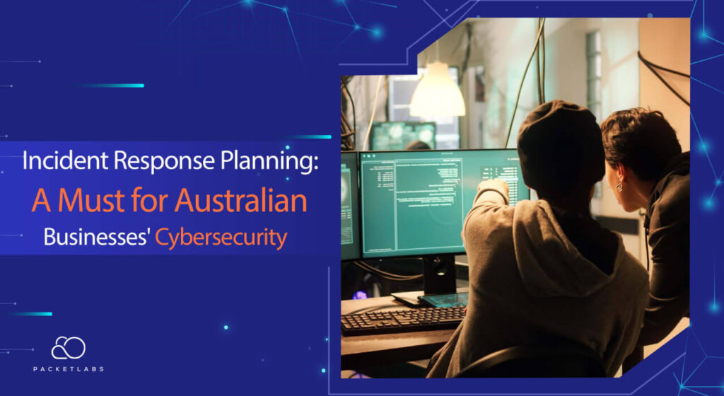 Two cybersecurity professionals are analysing data on multiple computer monitors, strategizing incident response planning to enhance the cyber defences of Australian businesses, as highlighted in the featured article's title.