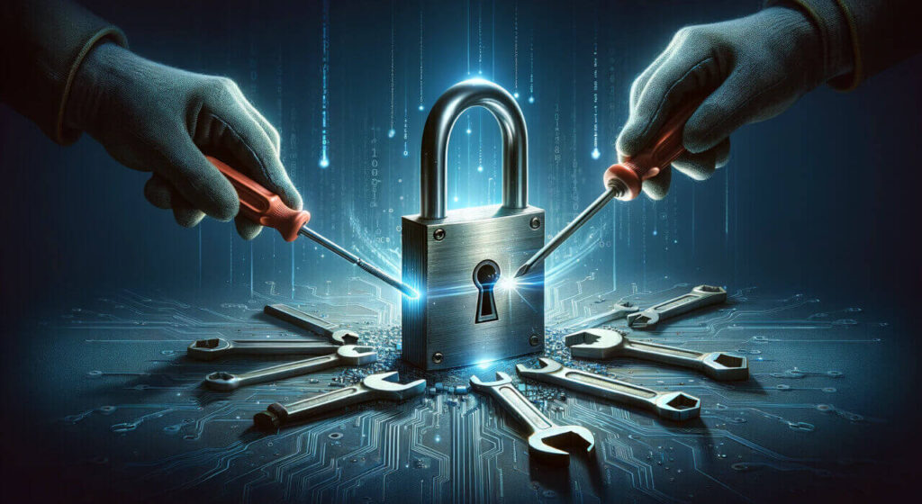 Two gloved hands using screwdrivers to secure a glowing padlock on a digital circuit board, surrounded by scattered wrenches, symbolizing robust cybersecurity measures.