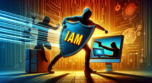 A digital guardian stands with an IAM shield in cyberspace, repelling shadowy hacker figures to protect a computer, symbolizing robust identity and access management security measures.