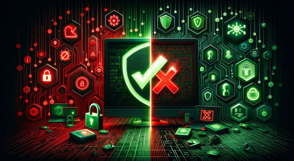 A digital illustration of cybersecurity concepts, with a monitor displaying a shield split between a green checkmark and a red cross, surrounded by various security icons and padlocks on a circuit board background