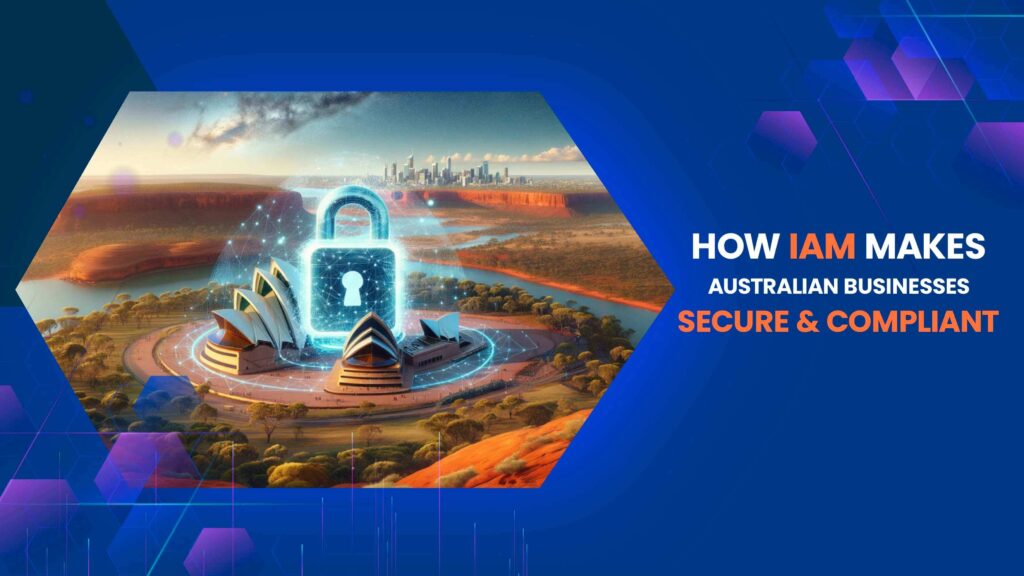 Graphic of the Sydney Opera House and Uluru with a digital lock overlay, symbolizing IAM's role in securing Australian businesses.