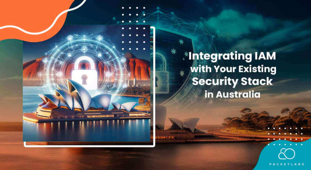 Digital graphic combining the iconic Sydney Opera House and Uluru with cyber security elements, illustrating IAM integration in Australia