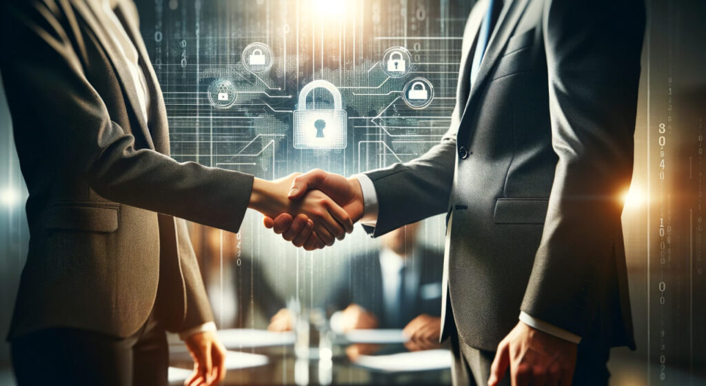 wo professionals in business attire engaging in a handshake in the foreground with a backdrop of digital security elements. The background features glowing cyber security icons such as padlocks, chains, and digital data streams, symbolizing a secure agreement or partnership in a technology-focused context.