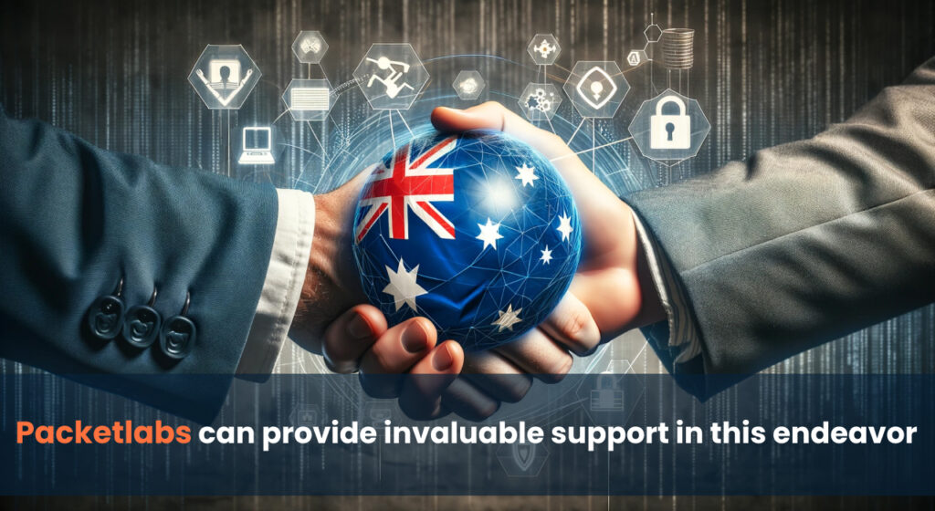 Two hands shaking, holding a globe with the Australian flag, surrounded by icons representing cybersecurity, with text stating "Packetlabs can provide invaluable support in this endeavor