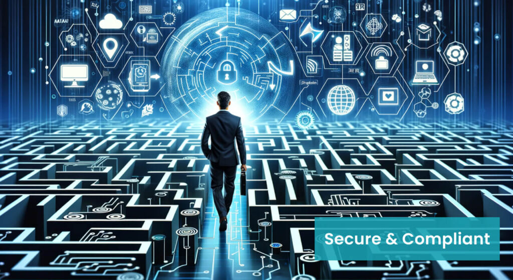 A business person seen from the back walking towards a glowing circular digital interface with various cybersecurity and technology icons floating around it. The path leading up to the interface is a three-dimensional maze-like pattern on the floor, symbolizing complexity and strategy. The overlay text reads 'Secure & Compliant,' emphasizing the focus on security in the digital landscape