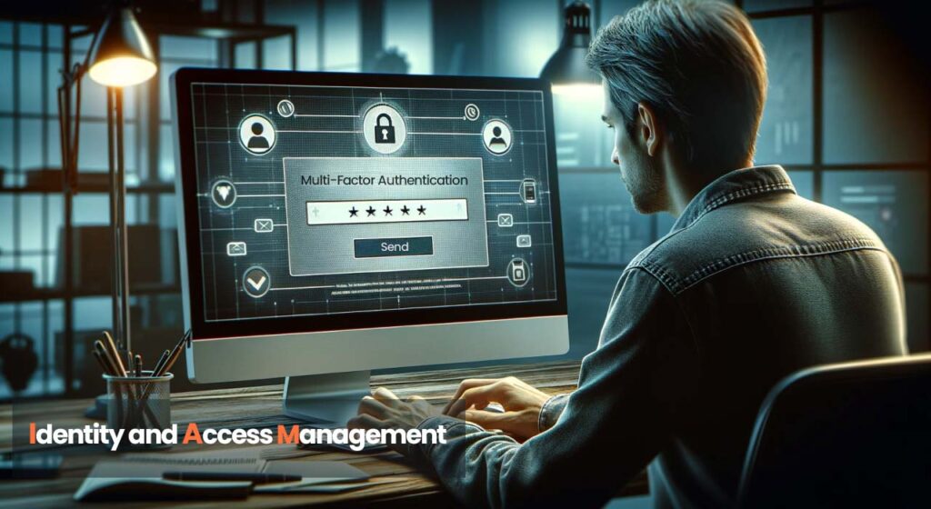 A professional working on a computer with a multi-factor authentication (MFA) prompt on the screen, emphasizing Identity and Access Management (IAM) in a secure office environment.