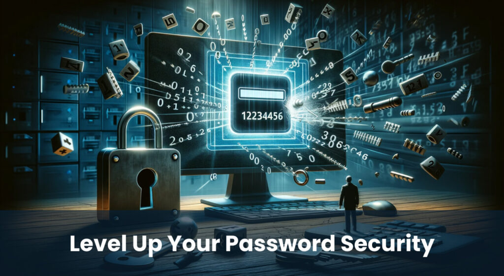 A digital representation of password vulnerability with '123456' on the screen and a padlock amidst flying numbers, highlighting the need for enhanced password security.