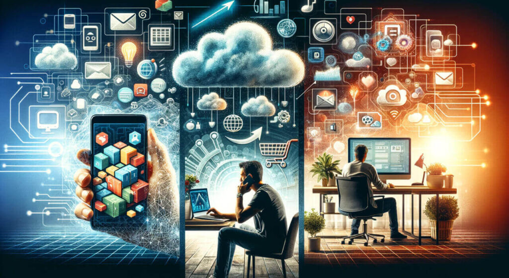 A vibrant collage illustrating the intersection of human interaction and advanced technology: a hand holding a smartphone with 3D cubes representing apps floats on the left, while on the right, a man sits at a desk, deeply engaged with his computer amidst a backdrop of digital icons and cloud computing graphics.