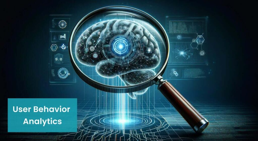 Digital illustration of a brain under a magnifying glass, highlighting complex neural networks and a futuristic interface, symbolizing User Behavior Analytics.