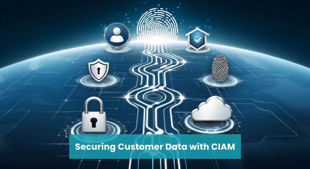 Futuristic graphic of data streams converging through security checkpoints, including a fingerprint and padlock, representing CIAM protection of customer data.