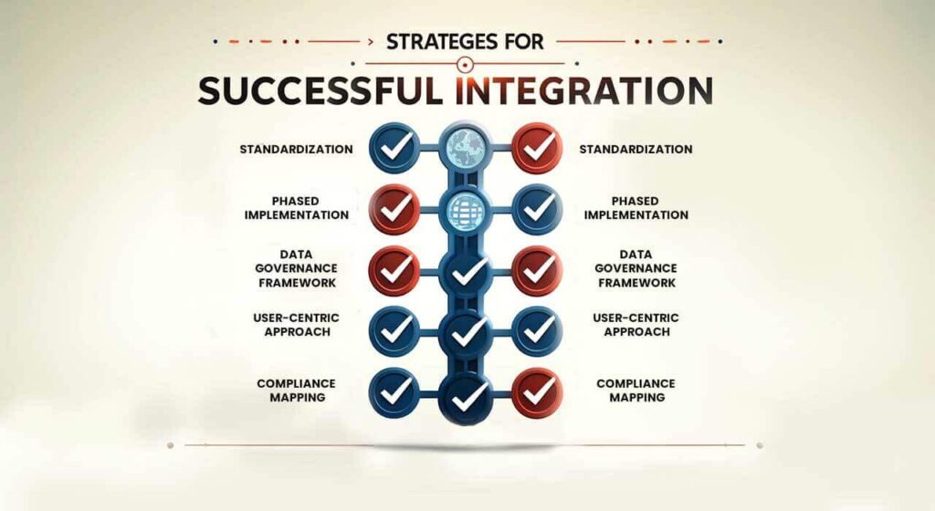 Infographic with a DNA double helix structure featuring steps for successful IAM integration including standardization and compliance mapping.