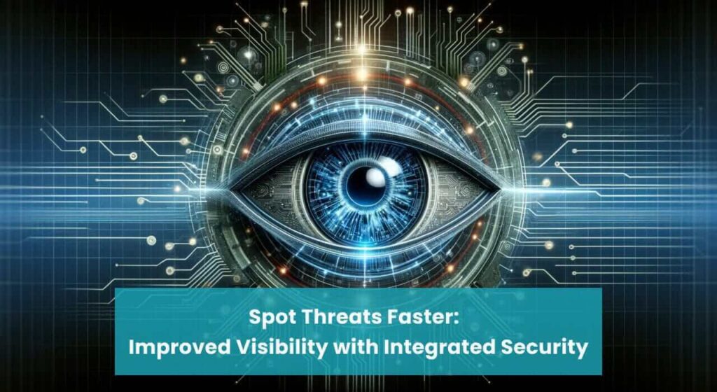 Digital eye encapsulated within circuitry, symbolizing enhanced threat detection through integrated security systems
