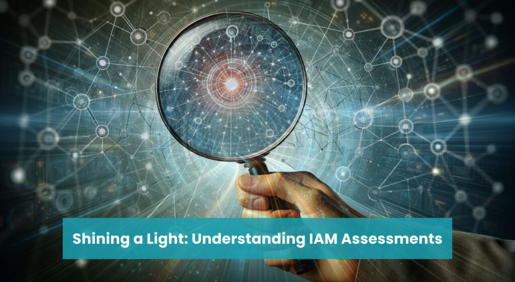 Hand holding a magnifying glass over a network, symbolizing the detailed analysis of IAM assessments.