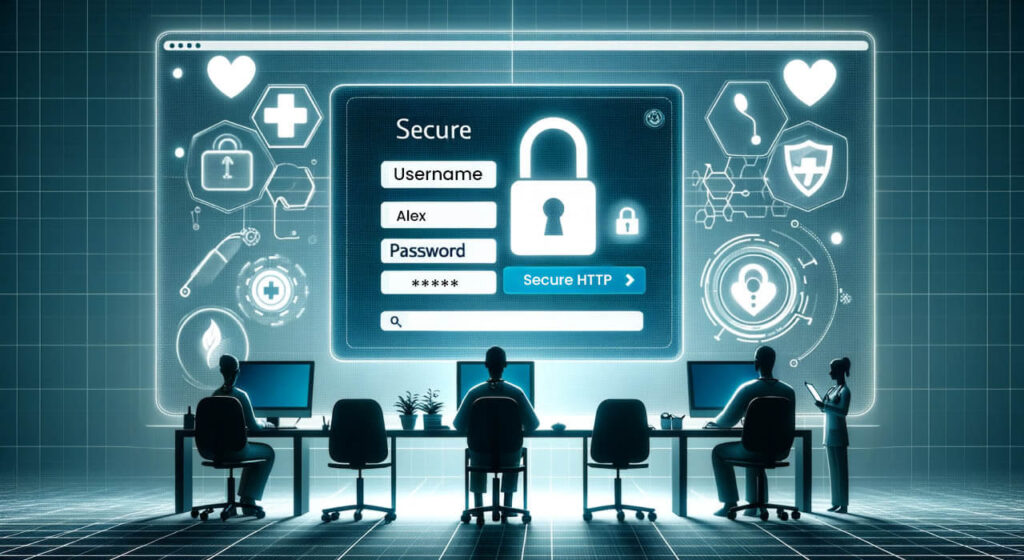Silhouetted figures working at computers in front of a large digital healthcare security interface, showcasing a secure login screen.