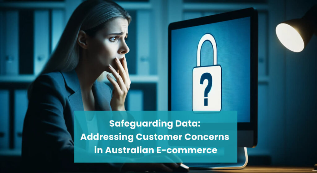 Worried businesswoman staring at a computer screen with a padlock symbol, highlighting data security concerns in Australian e-commerce.