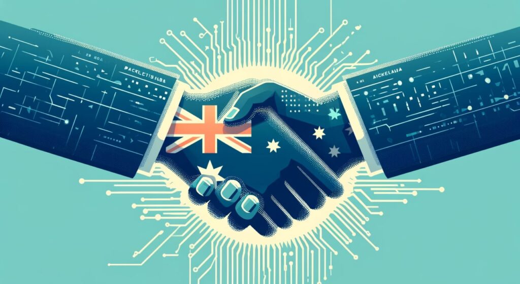 An illustrated handshake between two sleeves with the Australian flag and circuit patterns, symbolizing the partnership between Packetlabs and Australian businesses in cybersecurity.