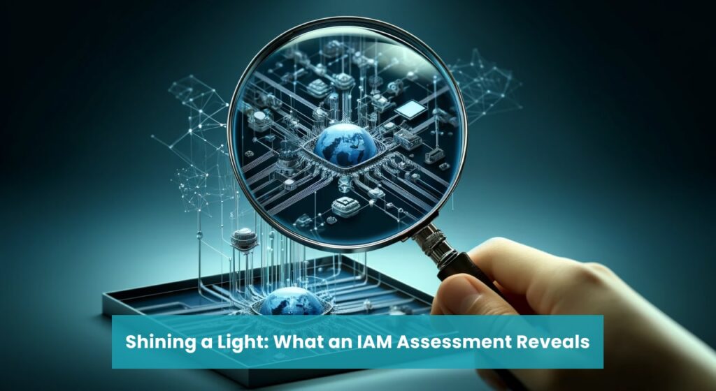 A magnifying glass focusing on a detailed digital model of a globe surrounded by interconnected technology elements, representing an in-depth IAM assessment.