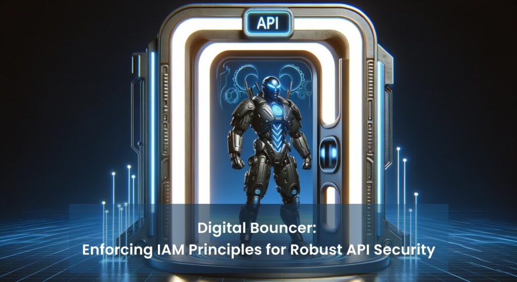 Futuristic robot guard standing at the entrance of a digital gateway labeled "API," symbolizing the enforcement of IAM principles for API security.