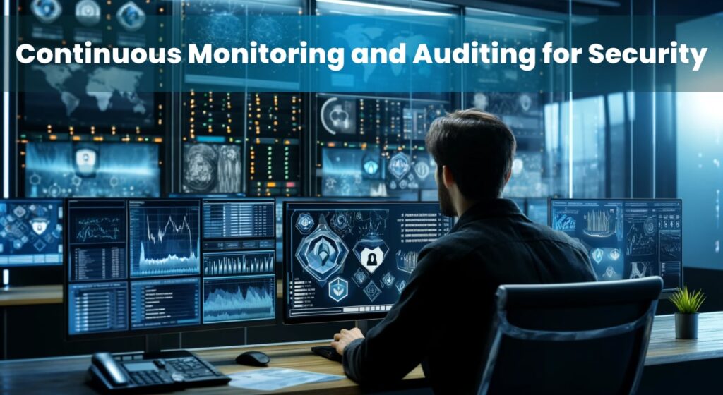 A cybersecurity analyst monitors real-time data on multiple screens in a high-tech security operations center (SOC), emphasizing the importance of continuous monitoring and auditing for security.