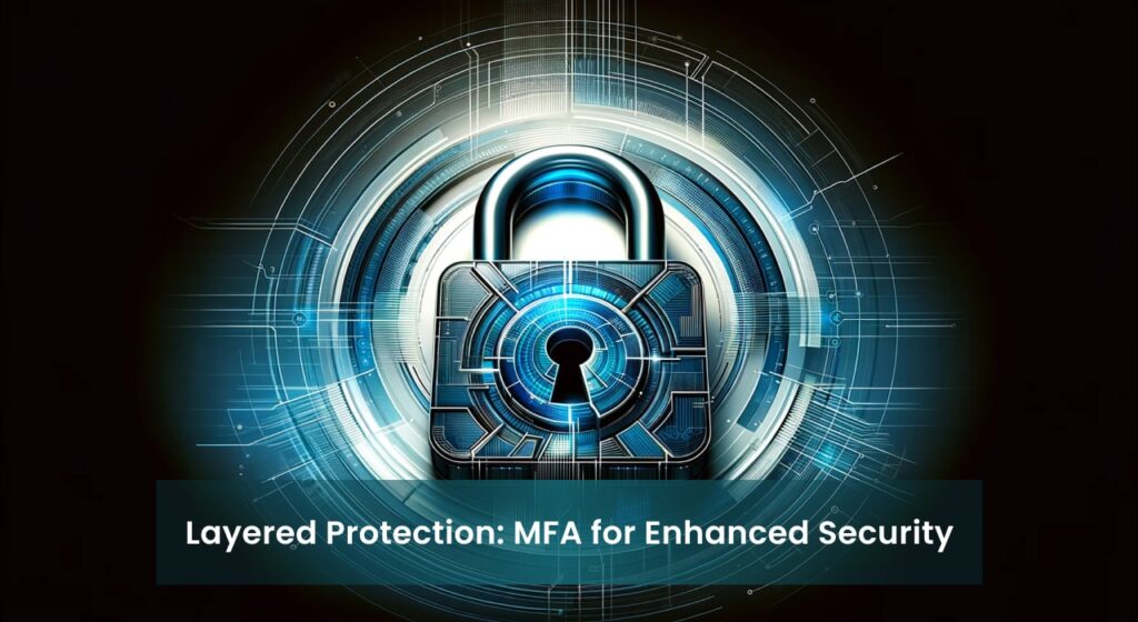 Futuristic security concept with a digital padlock at the center of circular tech elements, symbolizing advanced multi-factor authentication (MFA) for enhanced cybersecurity.