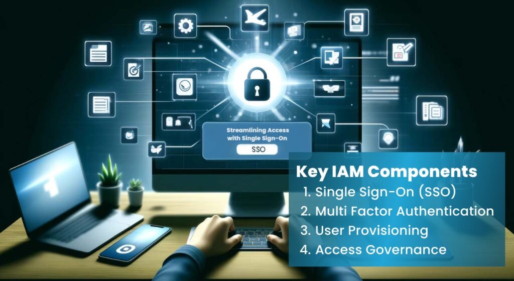 Person working on a computer with icons representing key IAM components: Single Sign-On (SSO), Multi-Factor Authentication, User Provisioning, and Access Governance.