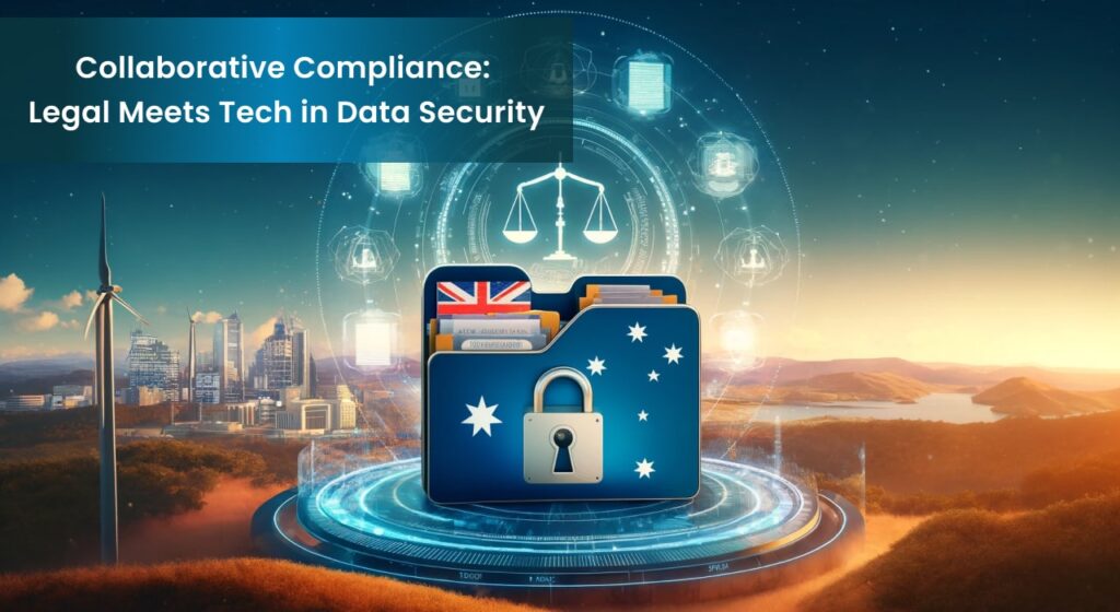 A digital artwork depicting a secure file folder with a lock, against a backdrop of a futuristic Australian cityscape and renewable energy sources, overlaid with legal symbols emphasizing data security compliance.