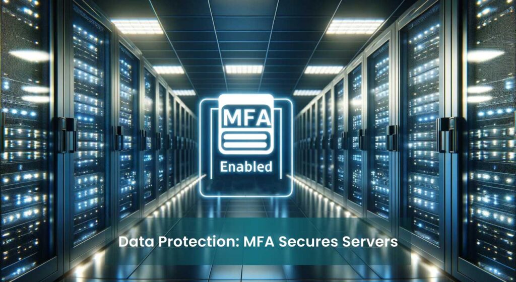 Modern server room with a glowing 'MFA Enabled' sign, symbolizing enhanced security through Multi-Factor Authentication.