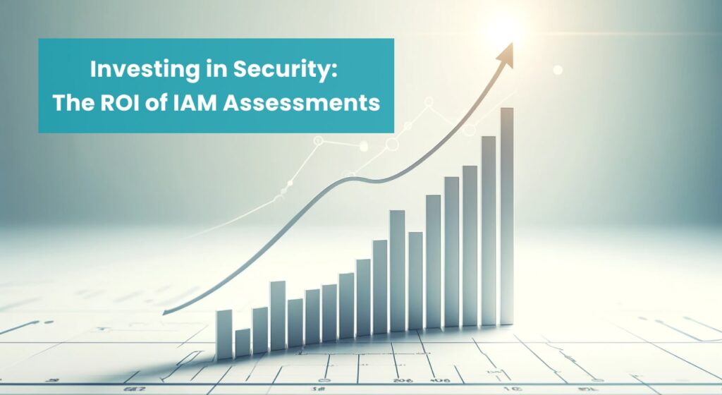 Bar graph with an upward trend on a blueprint background, symbolizing the increasing return on investment from IAM assessments in cybersecurity.