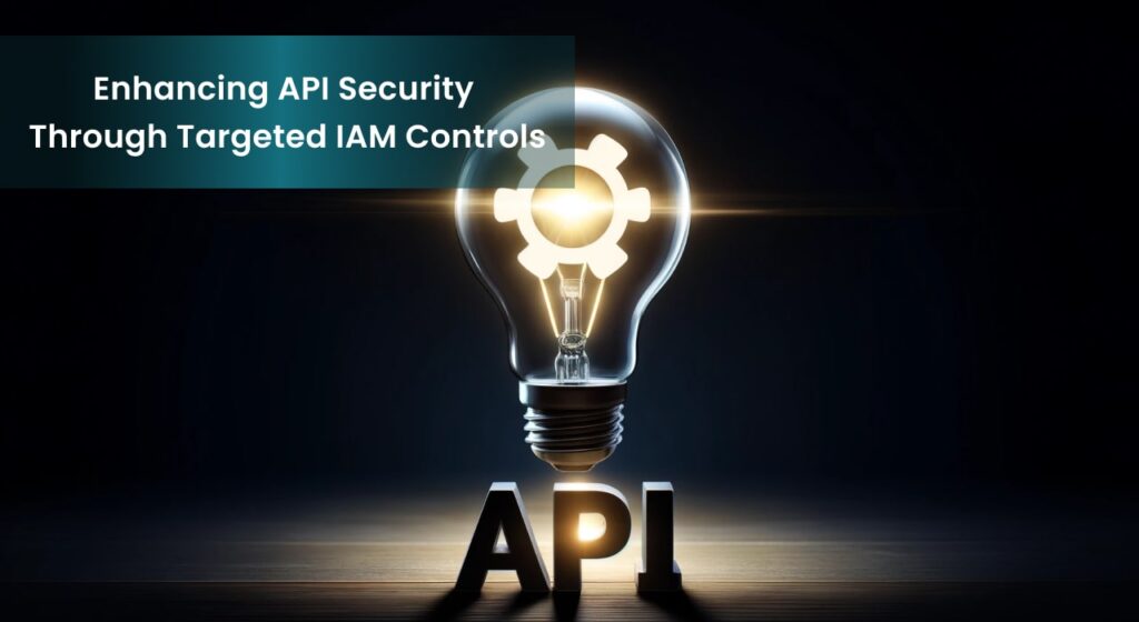 A lightbulb illuminating a gear-shaped symbol within it, with the acronym "API" below, symbolizing innovative IAM controls enhancing API security.