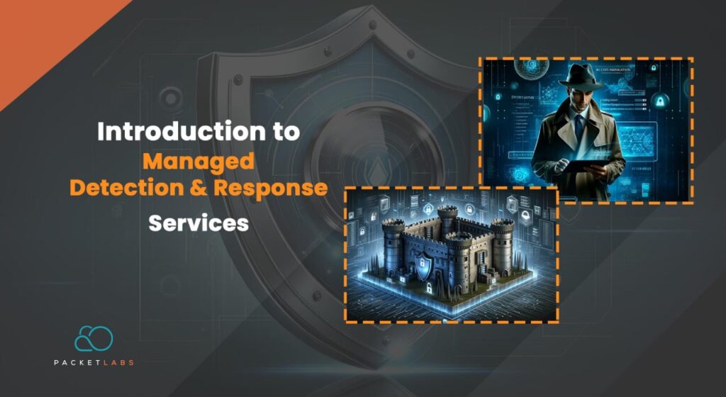 Introduction to Managed Detection and Response (MDR) Services showcasing a detective investigating digital threats and a fortress symbolizing strong cybersecurity defenses.