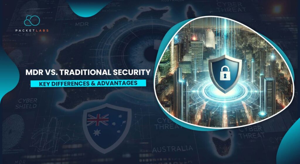 A comparison graphic highlighting the differences between Managed Detection and Response (MDR) and traditional security, with a focus on Australia's cybersecurity landscape.