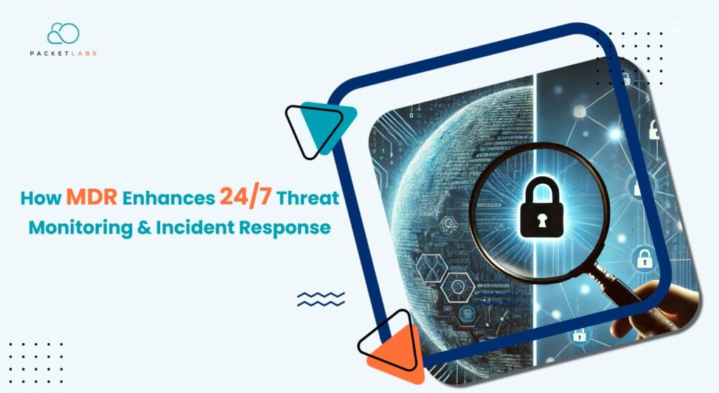 A graphic illustrating how MDR enhances 24/7 threat monitoring and incident response, with a magnifying glass inspecting a globe and a secure lock symbol.