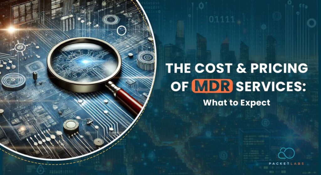 A magnifying glass highlighting a network diagram, representing the detailed cost and pricing analysis of MDR services.