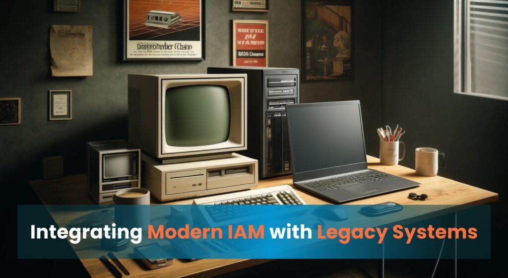 An illustration of a desk featuring both vintage and modern computer equipment, representing the integration of modern Identity and Access Management (IAM) with legacy systems. The setup includes an old CRT monitor, a vintage computer tower, and a modern laptop.