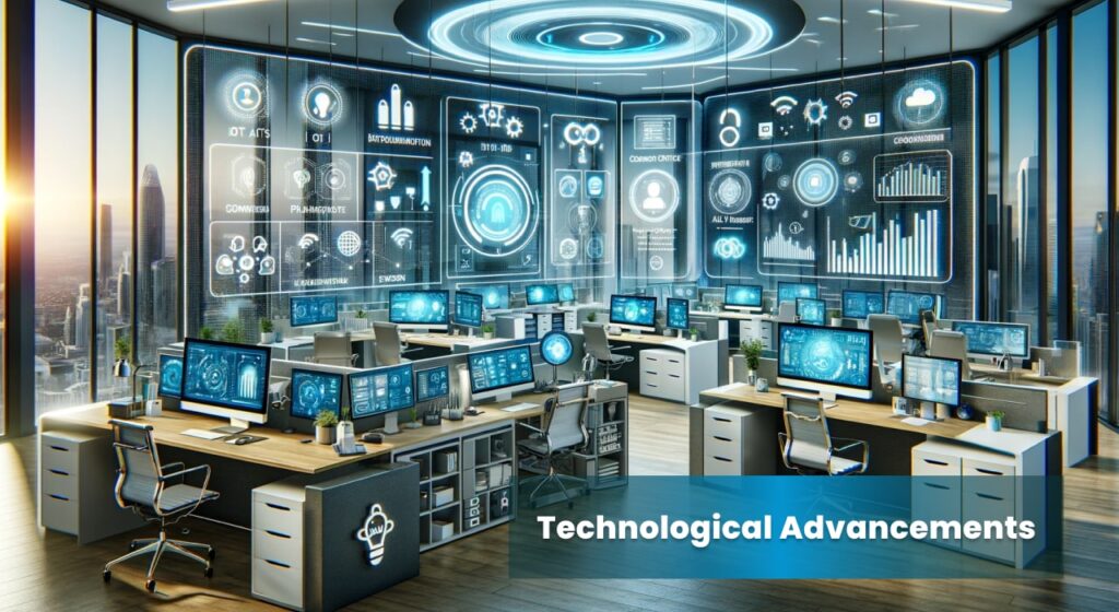 A modern smart office equipped with IoT-connected devices, artificial intelligence, and large displays showing predictive analytics. The office features ergonomic furniture, large windows, and multiple screens displaying real-time data visualizations and graphs.