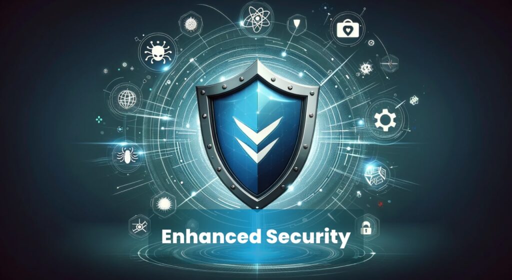 A shield icon representing enhanced security, surrounded by various symbols of digital threats and security measures, illustrating the concept of AI-driven IAM for proactive protection.