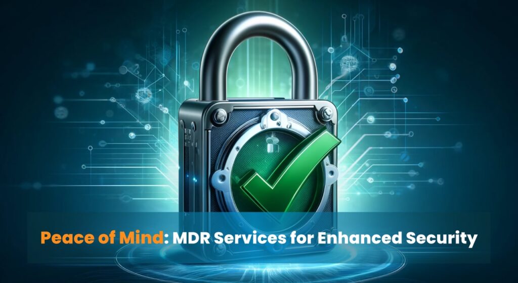 A metallic padlock with a green checkmark, symbolizing the enhanced security provided by MDR services, with a technological background