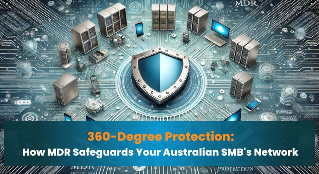 A network of interconnected devices with a shield in the center, representing the comprehensive protection provided by MDR for Australian SMBs.