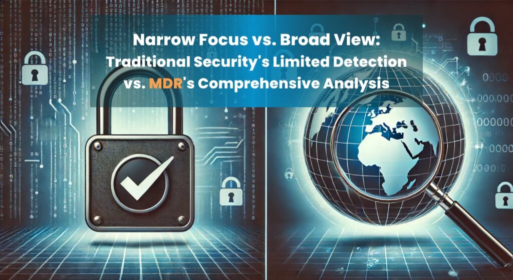 A split screen image showing a traditional padlock with a checkmark on the left, symbolizing traditional security, and a magnifying glass inspecting a globe on the right, representing comprehensive cybersecurity analysis.