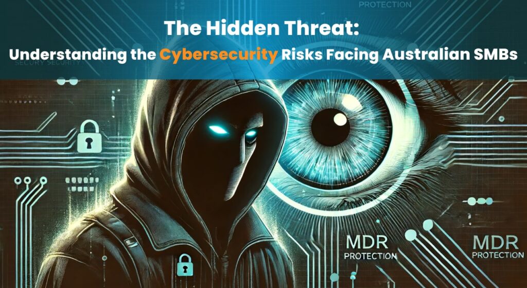 A stylized illustration of a cybercriminal lurking in the shadows, contrasted with a watchful eye representing MDR protection, highlighting the cybersecurity risks facing Australian SMBs.