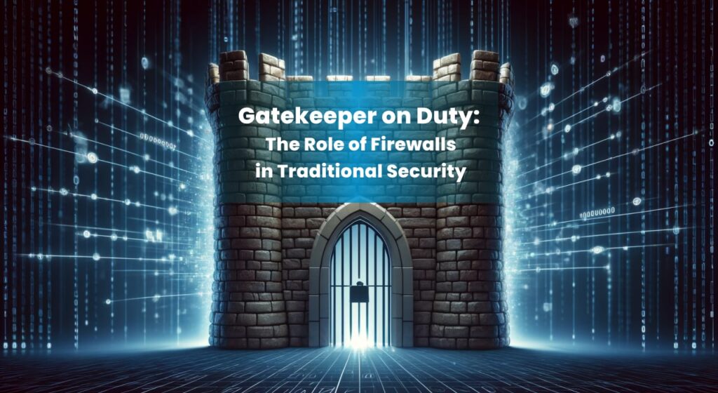 A classic stone firewall with a narrow gate, surrounded by digital elements, symbolizing the role of firewalls in traditional cybersecurity.