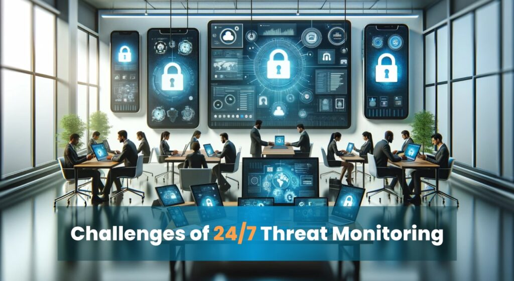 An IT team in a high-tech control room monitoring network security on multiple screens, illustrating the challenges of 24/7 threat monitoring.